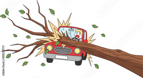 Car, accident, collision, fallen, tree, road, danger, emergency, crash, risk, safety, warning, traffic, incident, cartoon, illustration, isolated, white, background, concept