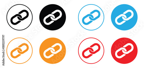 Link Icon Set. Hyperlink Chain Symbol Collection. Connection and Attachment Web Buttons in Black, Blue, Orange, and Red.Chain link icon set. hyperlink symbol. strategy planning. Network sharing sign