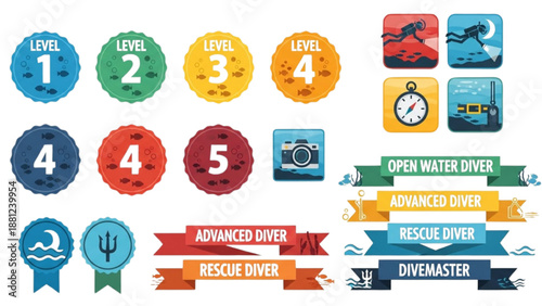 Collection of vibrant scuba diving achievement badges and certification banners representing skill levels and qualifications for underwater explorers