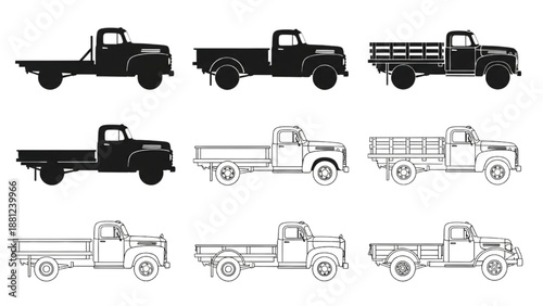 Concept set of vintage utility pickup trucks and flatbed vehicles classic retro automotive design elements