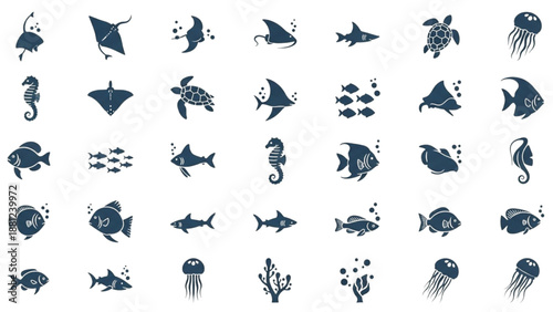 Extensive Collection of Marine Life and Deep-Sea Creatures Silhouette Vector Icons Set