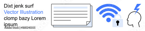 Cybersecurity, wireless communication, internet safety, data privacy, cognitive processes, network security. wireless icon, lock head with lightning and document symbols. Cybersecurity and wireless