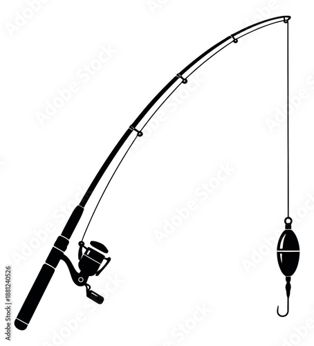 Line art illustration of a fishing rod depicting a bobber and hook for outdoor activities