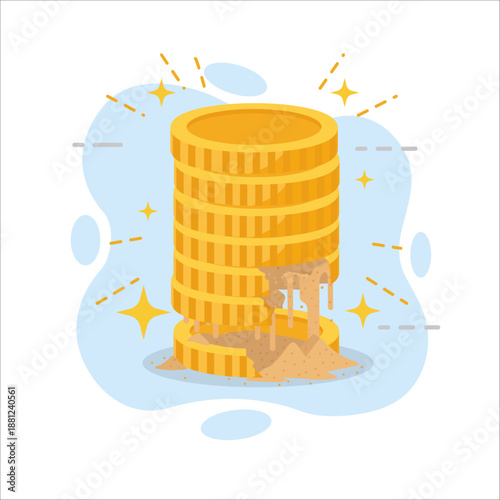 Financial Crisis Melting Gold Coin Stack flat design vector Empty State UI Illustration Concept
