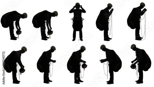 Silhouette Sequence Person Preparing and Adjusting Garment, Illustrating a Detailed Step-by-Step Process