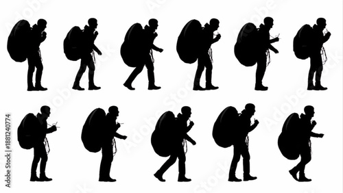 Silhouette of a man carrying a large backpack on a white background