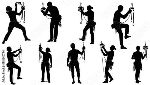 Rock climbing silhouettes showcasing various poses and movements