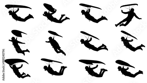 Dynamic collection of hang glider silhouettes illustrating the thrill of free flight and aerial adventure against a stark white background