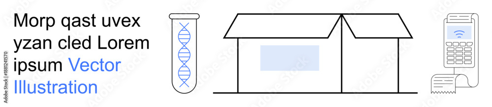Fototapeta premium Biomedical research, genetic testing, logistics, e-commerce, scientific innovation, order processing. DNA test tube, package box printer. Biomedical research and genetic testing ion