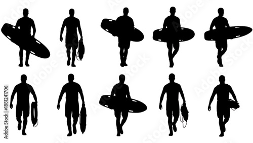 Dynamic Silhouettes of Surfers and Beach Rescuers with Boards and Flotation Devices