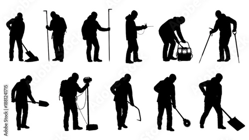 Silhouettes of people performing winter snow removal tasks