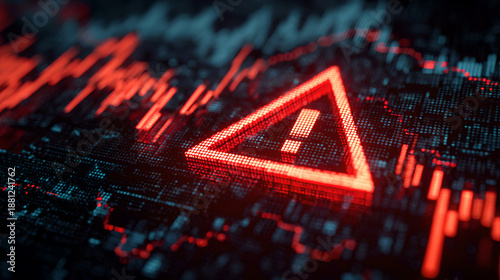 Red warning alert triangle icon over volatile digital financial market chart data