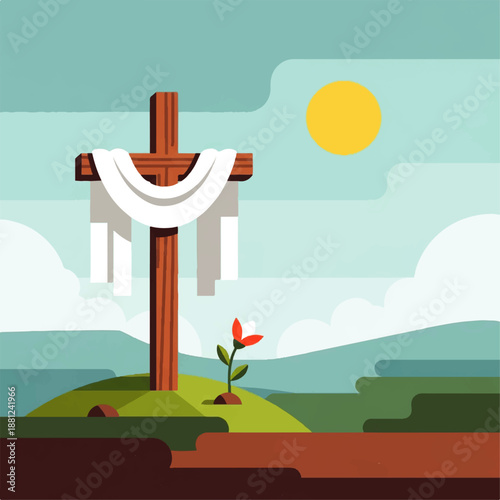 Vector flat design illustration of a serene landscape with a wooden cross draped in white cloth on a hill, featuring a blooming flower and sunny sky with clouds.