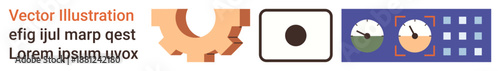 Technology, data analysis, user interface design, engineering, industrial tools, digital systems. Gears, camera lens graphs data panels. Technology and data analysis concepts