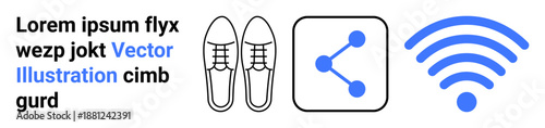 Technology, sharing, apps, fashion, trends, icons. Shoe outline, share icon and wireless symbol in minimalist blue and black. Technology and sharing conceptual theme