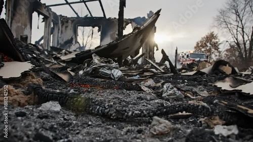 Devastating Scene of a Burned-Out House Aftermath with Scorched Remains and Fire Truck in Background