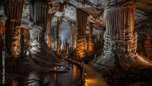 A scenic view of underground rock formations and stalactites