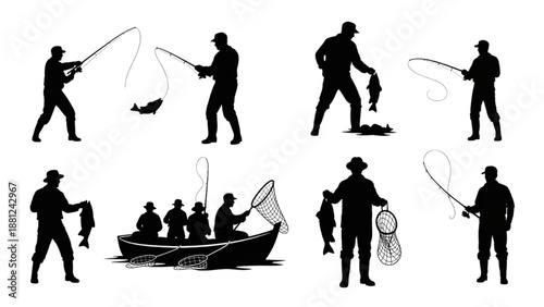 Dynamic Silhouettes of Anglers Engaged in Sport Fishing Activities, Casting Lines and Landing Their Catch