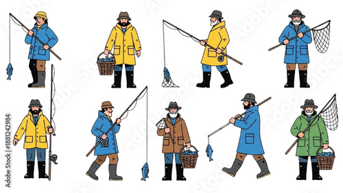 Diverse fishermen in various actions with fishing gear and caught fish