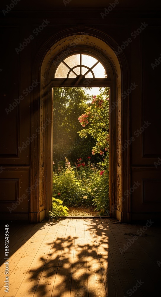 Fototapeta premium Bright sunshine streams through an open doorway revealing a lush, vibrant garden beyond.