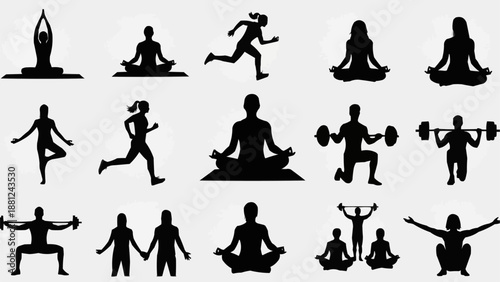 Silhouettes of people exercising and meditating in various poses.