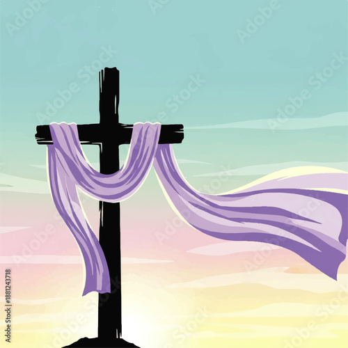 Vector flat design illustration of a black cross with flowing purple cloth against a pastel sunset background.