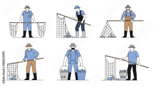 Collection of Fishermen Catching Fish with Nets and Buckets, Illustrating Traditional Fishing Practices and Seafood Harvesting