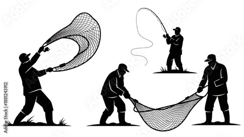 Silhouettes of fishermen casting nets and fishing with rod and reel