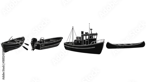 Stylized vector collection showcasing diverse watercraft silhouettes, including rowboats, motorboats, and canoes
