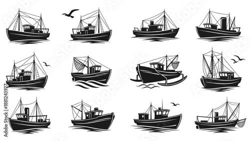 Collection of Diverse Fishing Boats and Vessels in Black and White Illustration