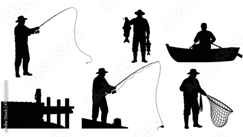 Silhouettes of people engaged in fishing activities in various settings