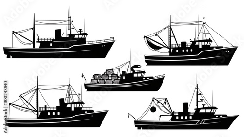 Diverse fishing boat and trawler vessel silhouettes, a comprehensive collection for marine themes