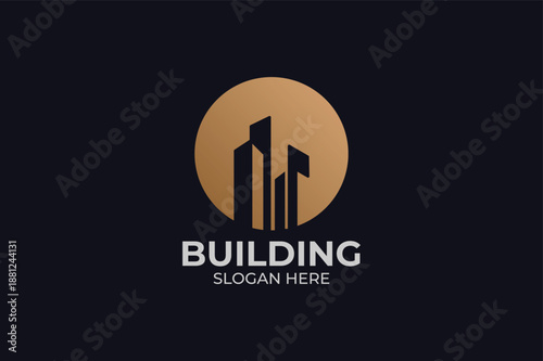 Modern Real Estate Corporate Logo with Luxury Gold Circle and Abstract Building Skyline Silhouette