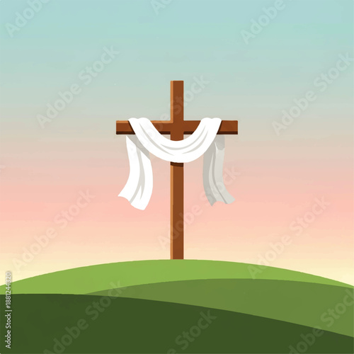 Vector flat design illustration of a brown cross with white cloth draped over it, standing on a green hill against a colorful pastel sky with shades of pink, blue, and yellow.
