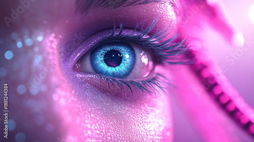Fascinating close-up of luminous pink alien eye with futuristic details