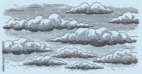 Classic-style sketches of various fluffy clouds and sun, engraved  in monochrome colored
