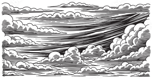 Cloud and cloudiness vintage sketches. Vector hand drawn sky of ancient engraved fluffy clouds, antique map elements