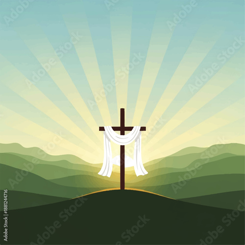 Vector flat design illustration of a cross with white cloth draped over it standing on a hill against a sunrise or sunset with rays behind, set against green hills and a blue sky.