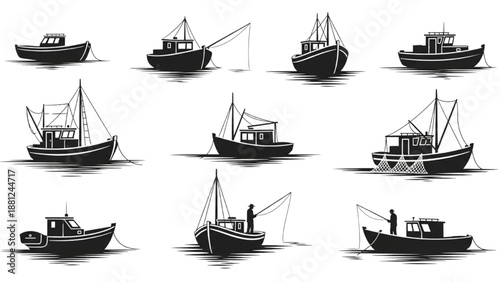 Artistic collection of traditional fishing boat illustrations, capturing the essence of maritime heritage and aquatic endeavors