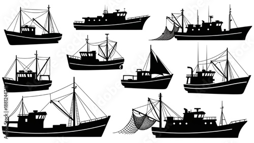 Collection of Various Fishing Boats Silhouettes on a White Background