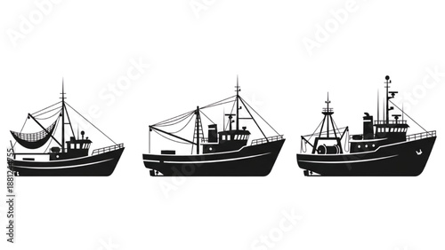 Diverse set of fishing boat silhouettes, illustrating various maritime vessels used for ocean fishing operations