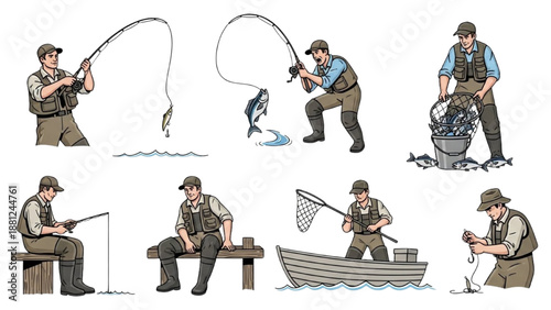 Set of illustrations depicting various scenes of recreational fishing activities