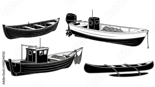 Illustration of various boats including a fishing vessel and a canoe