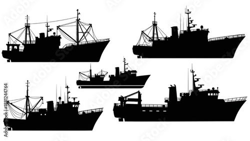Diverse fleet of industrial ships and maritime vessels silhouettes, representing fishing, cargo, and sea transport industry graphics