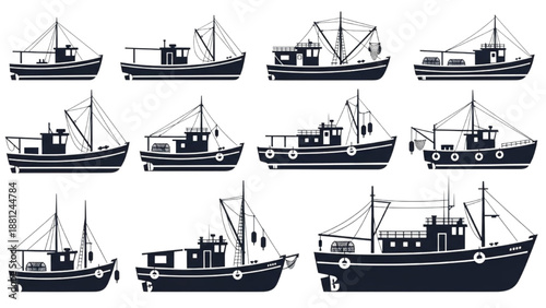 Collection of diverse fishing boat illustrations on a white background