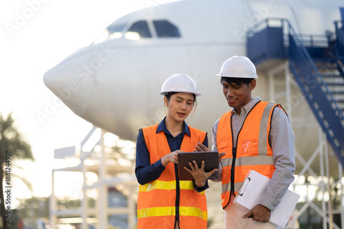 Person mechanic inspecting aircraft engine in hangar, professional aviation maintenance, engineer checking turbine, ensuring safety, repair service, aerospace industry, indoors.
