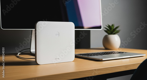 Wallpaper Mural Modern white wireless charging pad or smart device on a wooden office desk with computer monitor and laptop keyboard Torontodigital.ca