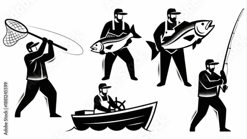 Fishermen Catching Fish and Rowing Boat Fishing Activity Illustration