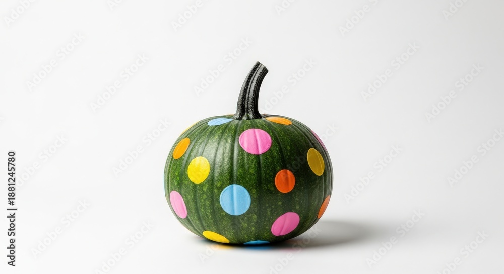 Obraz premium Green pumpkin decorated with colorful polka dots on a white background