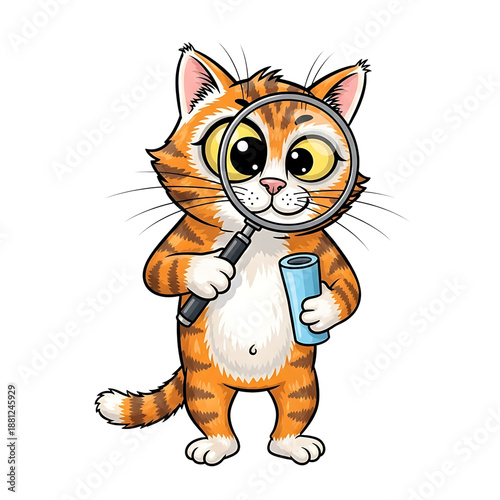 Curious kitten holding a magnifying glass and notebook